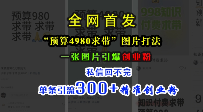 小红书“预算4980带我飞”图片打法，一张图片引爆创业粉，私信回不完，单条引流300+精准创业粉-一百创业网