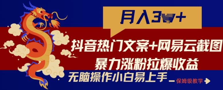 抖音热门文案+网易云截图暴力涨粉拉爆收益玩法，小白无脑操作，简单易上手【揭秘】-一百创业网
