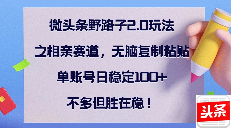 微头条野路子2.0玩法之相亲赛道，无脑复制粘贴，单账号日稳定100+，不…-一百创业网