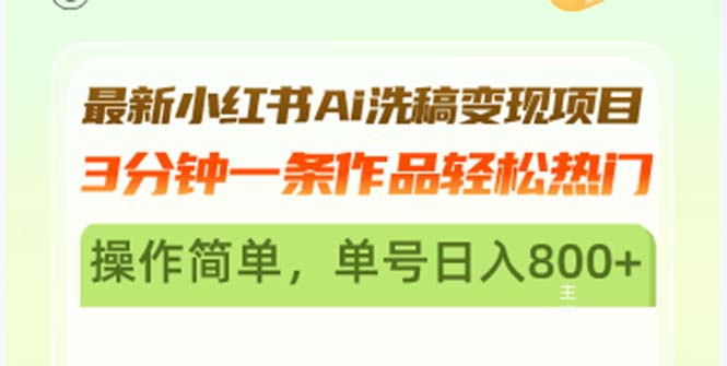 最新小红书Ai洗稿变现项目 3分钟一条作品轻松热门 操作简单，单号日入800+-一百创业网