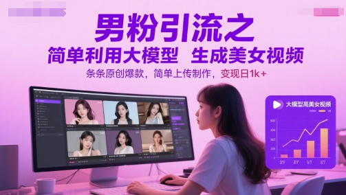 男粉引流之简单利用大模型生成美女视频，条条原创爆款，简单上传制作，变现日1k+-一百创业网