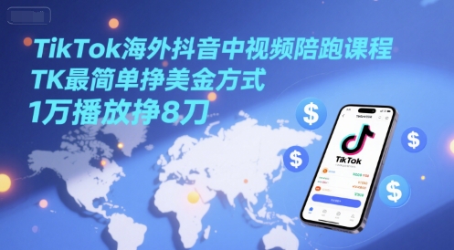 TikTok海外抖音中视频陪跑课程，TK最简单挣美金方式，1万播放挣8刀-艾客创业网
