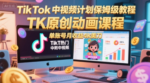 TikTok中视频计划保姆级教程，TK原创动画课程，单账号月收益4k美刀-艾客创业网