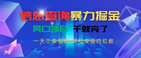 信息查询暴力掘金，一天三条视频，轻松变现四位数，风口项目干就完了【揭秘】-一百创业网