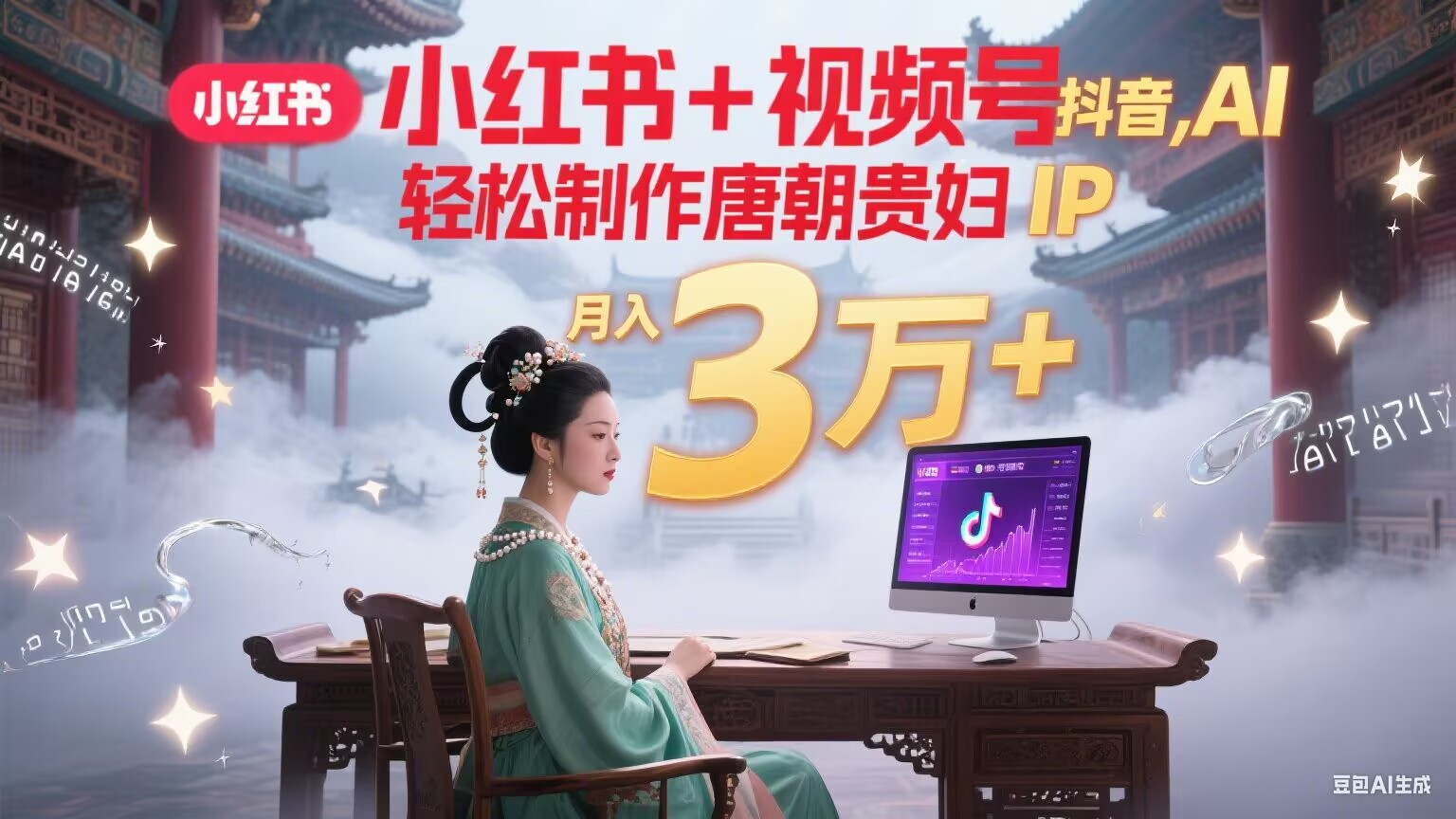 小红书+视频号+抖音，AI轻松制作唐朝贵妇IP，毒鸡汤、励志、减肥瘦身、养生赛道轻松切入，每天30分钟，轻松产出N条，月入3万+-一百创业网