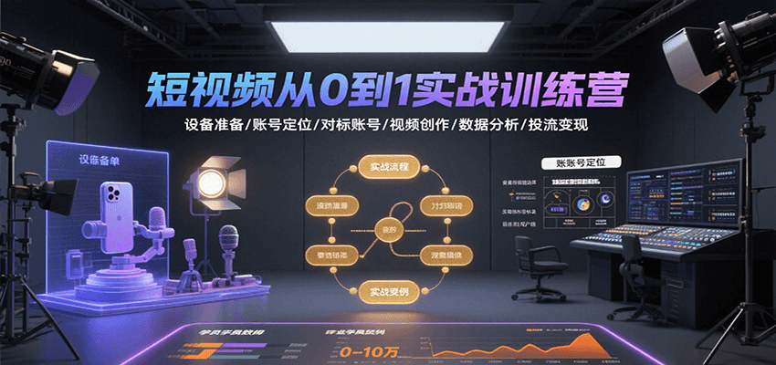 短视频从0到1实战训练营：设备准备/账号定位/对标账号/视频创作/数据分析/投流变现-一百创业网