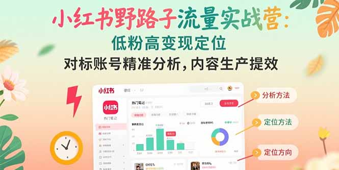 小红书野路子流量实战营：低粉高变现定位 对标账号精准分析 内容生产提效-一百创业网