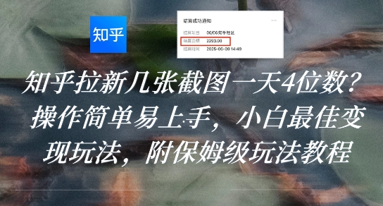 知乎拉新几张截图一天4位数？操作简单易上手，小白最佳变现玩法，附保姆级玩法教程-一百创业网
