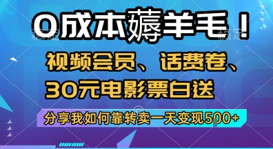 0成本薅羊毛!视频会员、话费卷、30元电影票白送，分享我如何靠转卖一天变现5张+【揭秘】-一百创业网