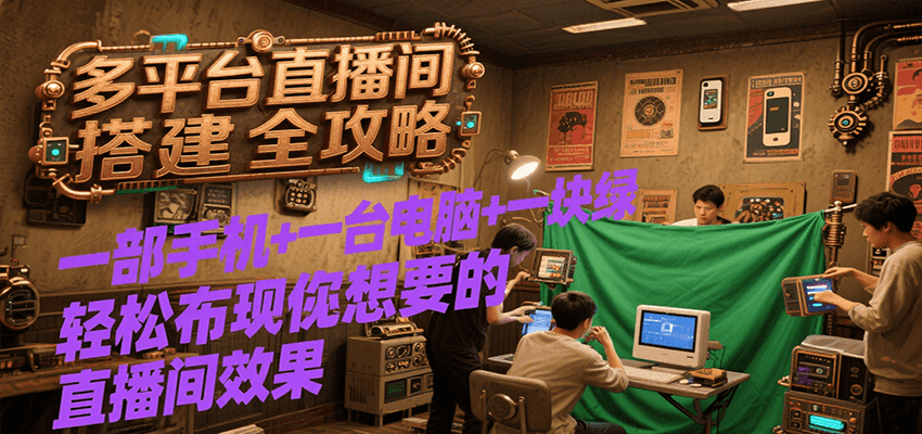 多平台直播间搭建全攻略，一部手机+一台电脑+一块绿布轻松实现你想要的直播间效果-一百创业网