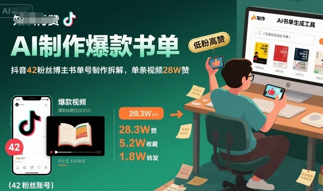 AI制作爆款书单，抖音42粉丝博主书单号制作拆解，单条视频28W赞-一百创业网